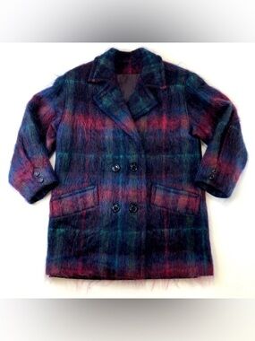 70s Vintage Mohair pea coat Jacob Crowley brushed mohair plaid Medium Heritage